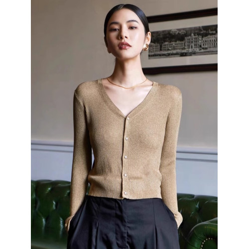 閃光紗亮絲V領針織開衫女秋季奢侈感小衆修身顯瘦長袖打底衫上衣