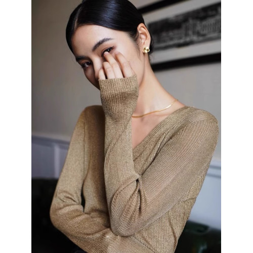 閃光紗亮絲V領針織開衫女秋季奢侈感小衆修身顯瘦長袖打底衫上衣