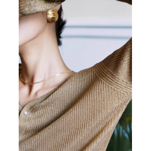 閃光紗亮絲V領針織開衫女秋季奢侈感小衆修身顯瘦長袖打底衫上衣