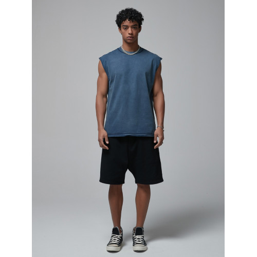 美式高街水洗做舊反穿散邊蠟染健身運動坎肩無袖T恤背心夏季男潮