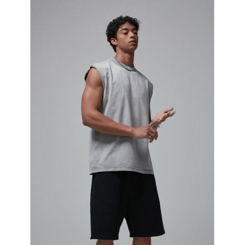 美式高街水洗做舊反穿散邊蠟染健身運動坎肩無袖T恤背心夏季男潮