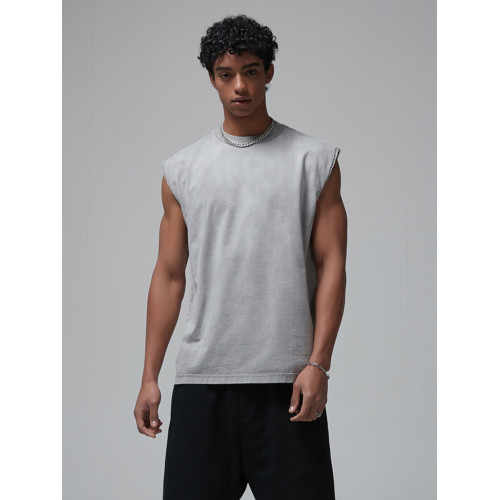 美式高街水洗做舊反穿散邊蠟染健身運動坎肩無袖T恤背心夏季男潮