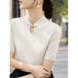 Basic House/百家好新中式盤釦萊賽爾天絲針織衫女夏季修身打底衫