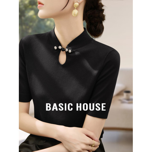 Basic House/百家好新中式盤釦萊賽爾天絲針織衫女夏季修身打底衫