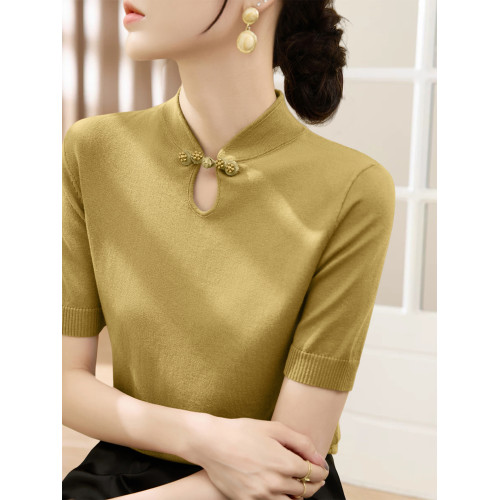 Basic House/百家好新中式盤釦萊賽爾天絲針織衫女夏季修身打底衫