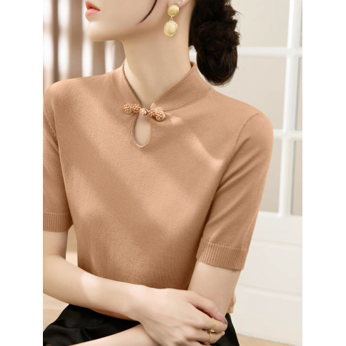 Basic House/百家好新中式盤釦萊賽爾天絲針織衫女夏季修身打底衫