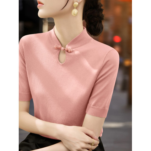 Basic House/百家好新中式盤釦萊賽爾天絲針織衫女夏季修身打底衫