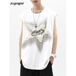 潮街區 美式潮牌星星貼布運動坎肩背心男夏季高街暗黑寬松無袖t恤