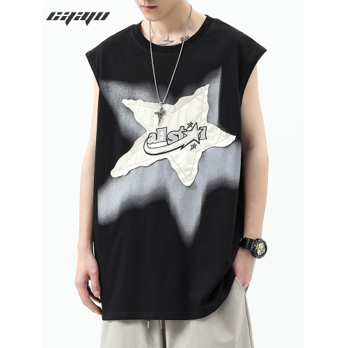 潮街區 美式潮牌星星貼布運動坎肩背心男夏季高街暗黑寬松無袖t恤