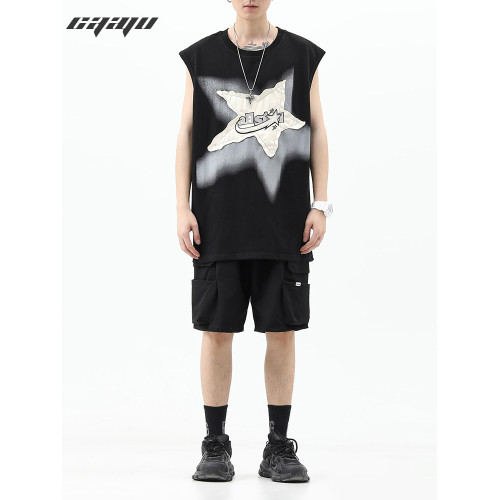潮街區 美式潮牌星星貼布運動坎肩背心男夏季高街暗黑寬松無袖t恤