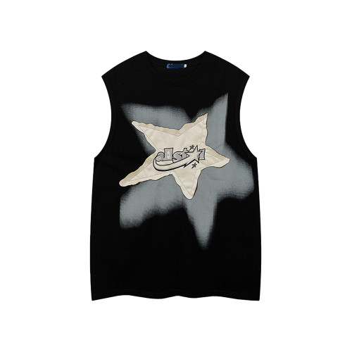 潮街區 美式潮牌星星貼布運動坎肩背心男夏季高街暗黑寬松無袖t恤