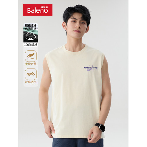 班尼路米色純棉無袖背心男夏季美式字母t恤寬松情侶運動坎肩上衣