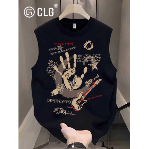 香港CLG潮牌純棉美式高街印花無袖T恤男夏季高級感寬松背心上衣服