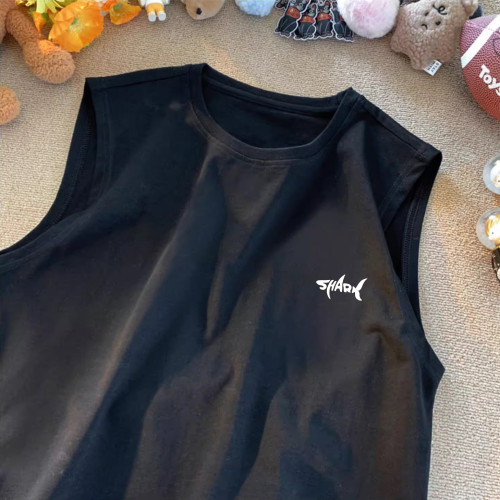 ins潮流美式字母鯊魚印花背心男夏款大碼簡約設計無袖t恤純棉220g