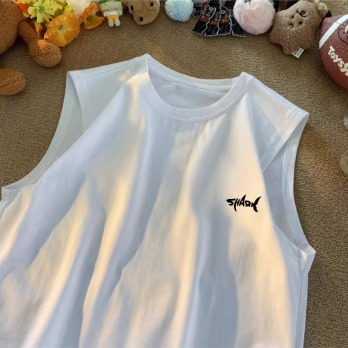 ins潮流美式字母鯊魚印花背心男夏款大碼簡約設計無袖t恤純棉220g