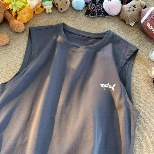 ins潮流美式字母鯊魚印花背心男夏款大碼簡約設計無袖t恤純棉220g