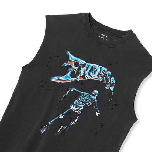 高街小衆美式潮牌SATISFY印花噴墨破洞做舊背心