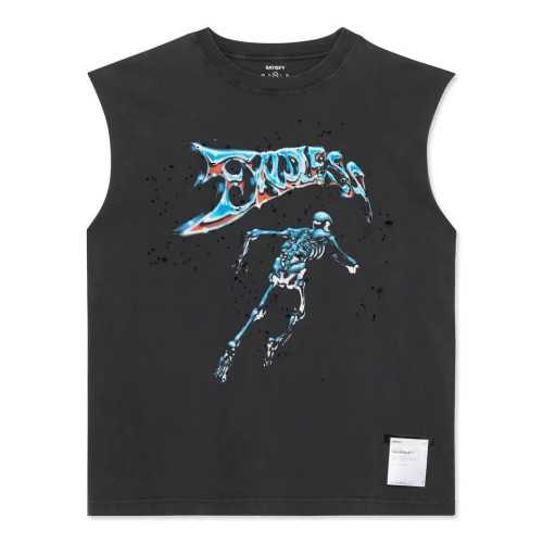 高街小衆美式潮牌SATISFY印花噴墨破洞做舊背心