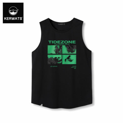 KERWATS夏季美式復古塗鴉圖案印花無袖T恤加肥加大純棉運動背心男