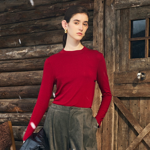 高克重可機洗100%精紡超細羊毛針織衫上衣女修身顯瘦圓領紅色毛衣