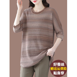 媽媽春裝洋氣冰絲條紋打底衫寬松加大碼遮肚子中長款桑蠶絲針織衫