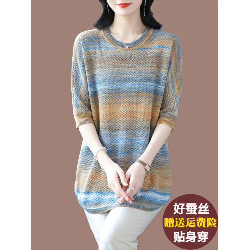 媽媽春裝洋氣冰絲條紋打底衫寬松加大碼遮肚子中長款桑蠶絲針織衫