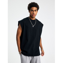 美式拼接純棉重磅運動健身寬松砍袖坎肩小領口背心無袖T恤夏男款