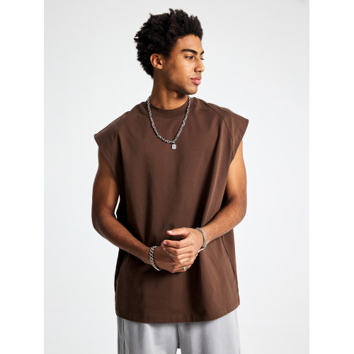 美式拼接純棉重磅運動健身寬松砍袖坎肩小領口背心無袖T恤夏男款