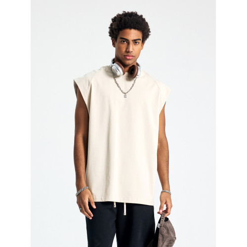 美式拼接純棉重磅運動健身寬松砍袖坎肩小領口背心無袖T恤夏男款