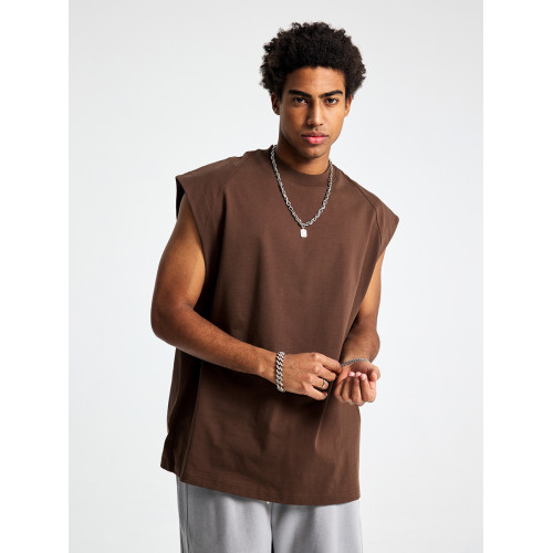 美式拼接純棉重磅運動健身寬松砍袖坎肩小領口背心無袖T恤夏男款