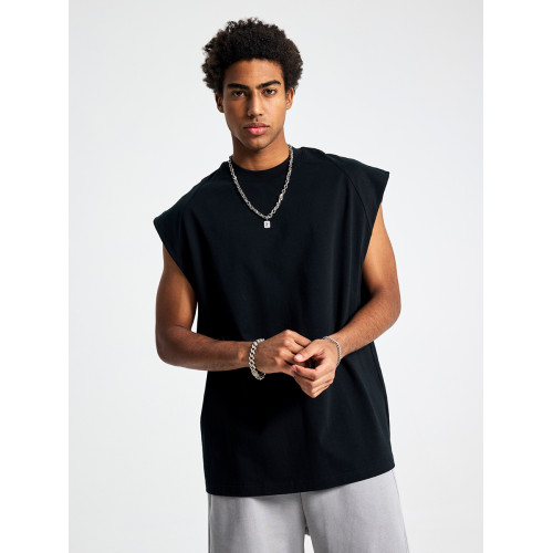 美式拼接純棉重磅運動健身寬松砍袖坎肩小領口背心無袖T恤夏男款