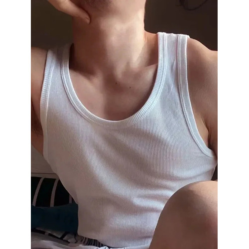 重磅硬漢美式純棉螺紋背心男打底汗衫修身無袖運動健身坎肩白色
