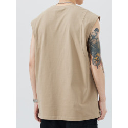 香港潮牌重磅無袖上衣男純棉美式砍袖T恤坎肩背心拼接寬松圓領短t