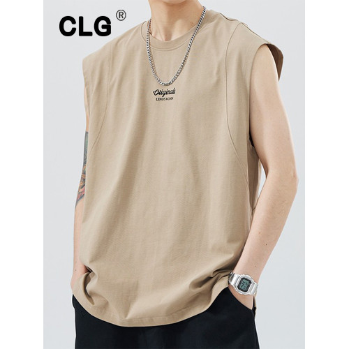 香港潮牌重磅無袖上衣男純棉美式砍袖T恤坎肩背心拼接寬松圓領短t