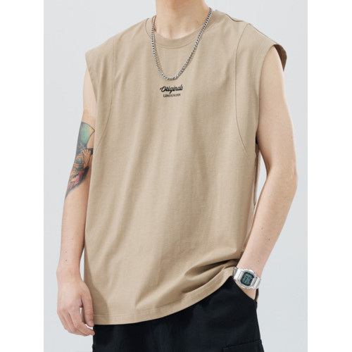 香港潮牌重磅無袖上衣男純棉美式砍袖T恤坎肩背心拼接寬松圓領短t