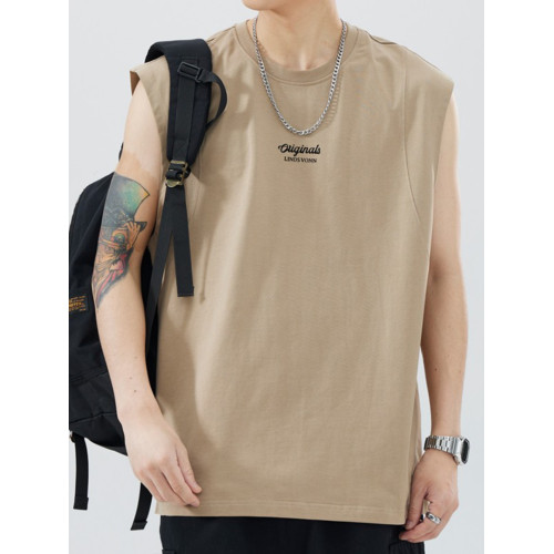 香港潮牌重磅無袖上衣男純棉美式砍袖T恤坎肩背心拼接寬松圓領短t