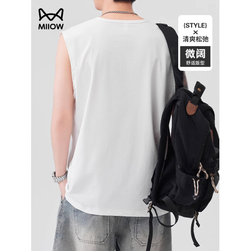 貓人日系亨利領背心男夏季新款寬松休閒無袖T恤運動籃球健身百搭