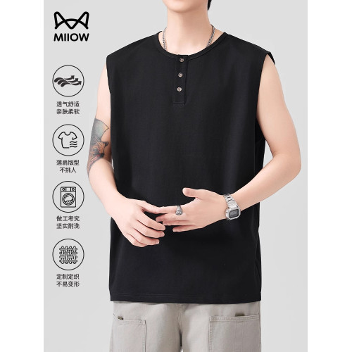 貓人日系亨利領背心男夏季新款寬松休閒無袖T恤運動籃球健身百搭