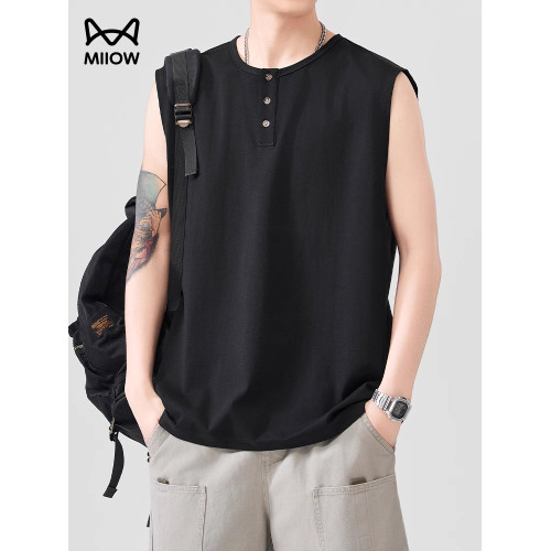 貓人日系亨利領背心男夏季新款寬松休閒無袖T恤運動籃球健身百搭