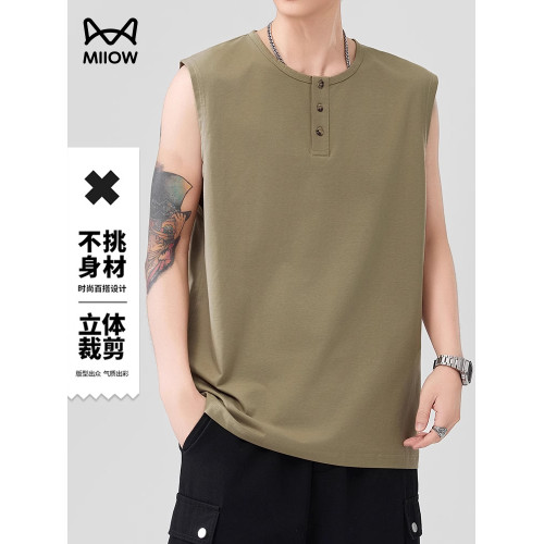 貓人日系亨利領背心男夏季新款寬松休閒無袖T恤運動籃球健身百搭