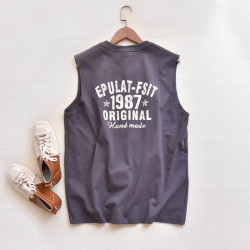 美式復古 後背印花純棉背心男無袖寬肩t恤 夏季寬松運動籃坎肩