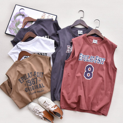 美式復古 後背印花純棉背心男無袖寬肩t恤 夏季寬松運動籃坎肩