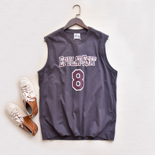 美式復古 後背印花純棉背心男無袖寬肩t恤 夏季寬松運動籃坎肩