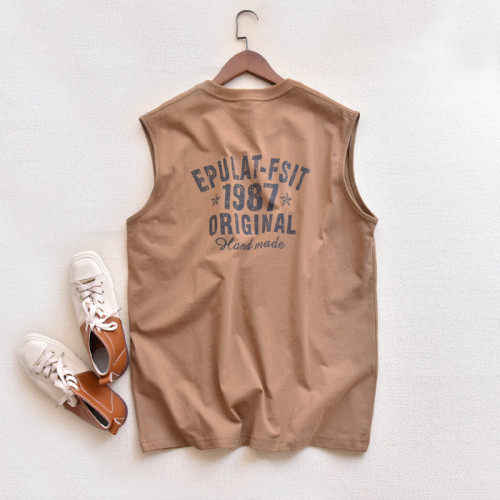 美式復古 後背印花純棉背心男無袖寬肩t恤 夏季寬松運動籃坎肩