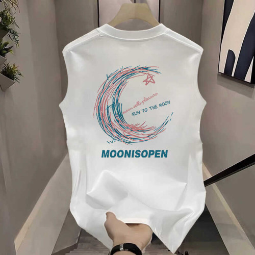 Ander Jurnal 美式重磅純棉無袖T恤男月亮圖案街頭寬松休閒背心男