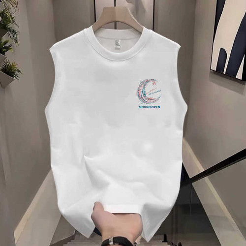 Ander Jurnal 美式重磅純棉無袖T恤男月亮圖案街頭寬松休閒背心男