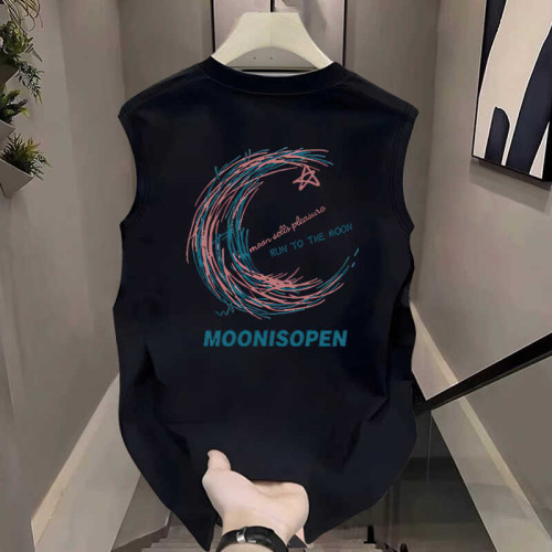 Ander Jurnal 美式重磅純棉無袖T恤男月亮圖案街頭寬松休閒背心男