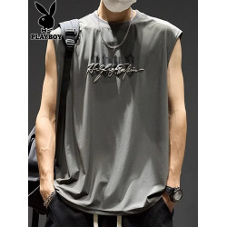 花花公子冰絲背心男士夏季潮流美式字母運動坎肩寬松大碼無袖t恤