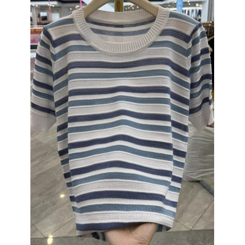 冰絲條紋針織衫女夏裝打底衫2025年新款寬松顯瘦鏤空透氣短袖上衣