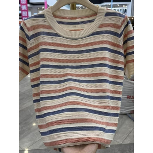 冰絲條紋針織衫女夏裝打底衫2025年新款寬松顯瘦鏤空透氣短袖上衣